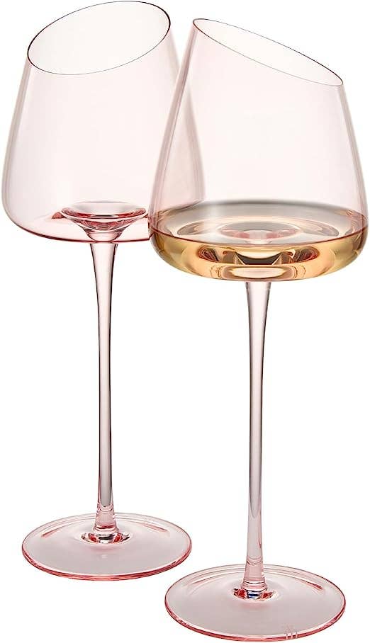 Pink Slanted Wine Glasses Set of 2 Red Blush Color 18oz