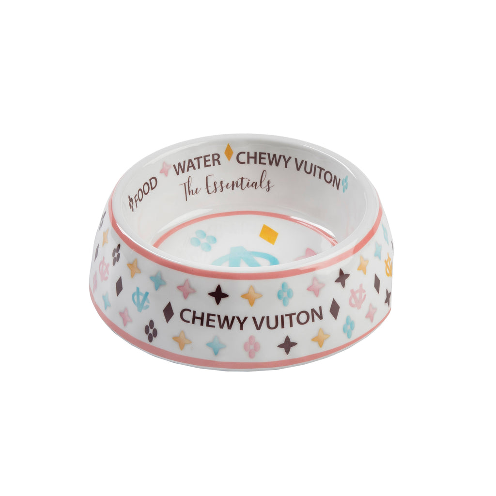 White Chewy Vuiton Dog Bowl - Dog Food Bowl