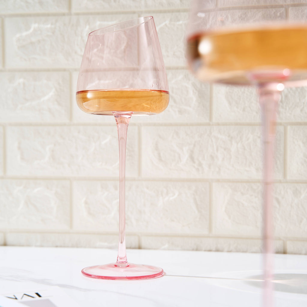 Pink Slanted Wine Glasses Set of 2 Red Blush Color 18oz