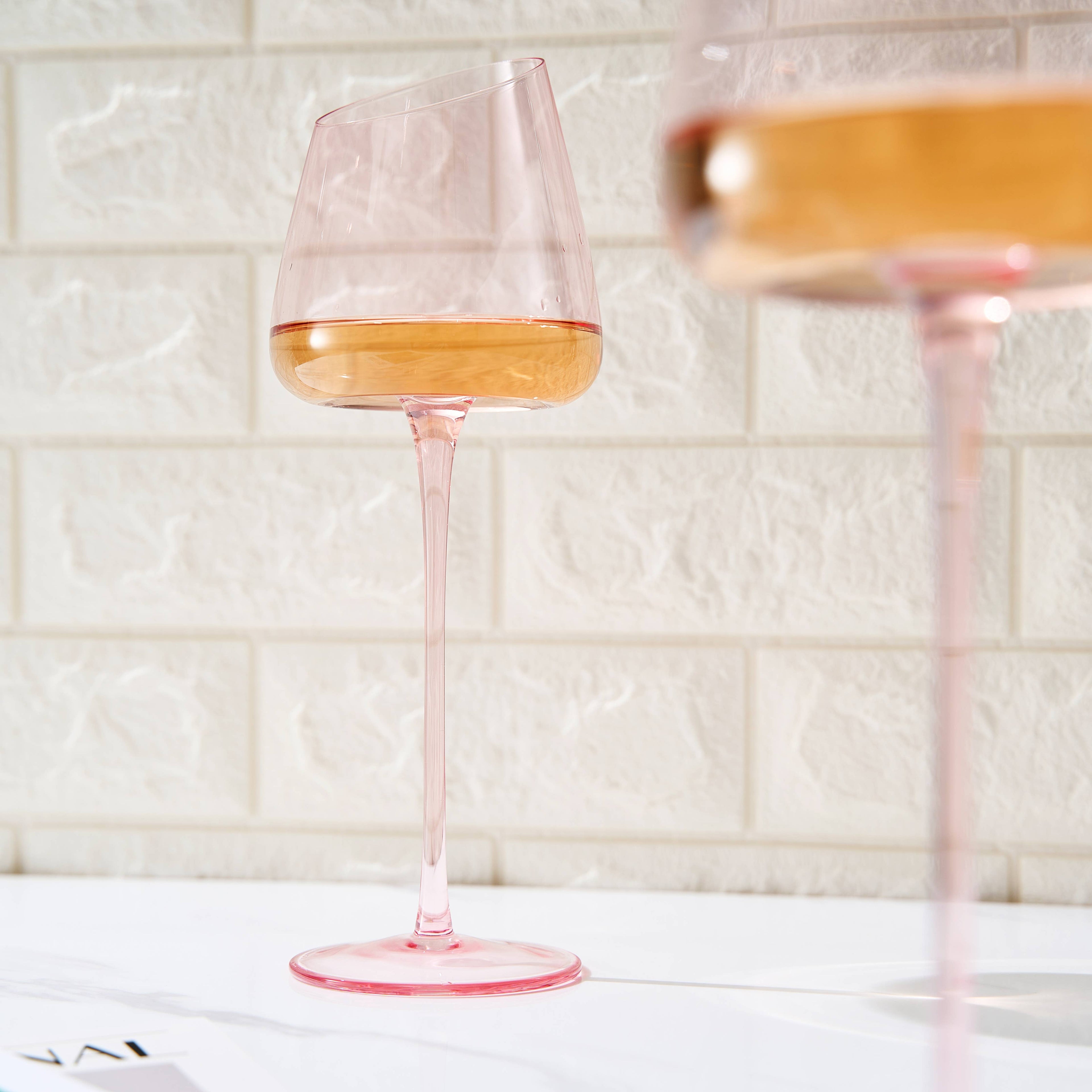 Pink Slanted Wine Glasses Set of 2 Red Blush Color 18oz
